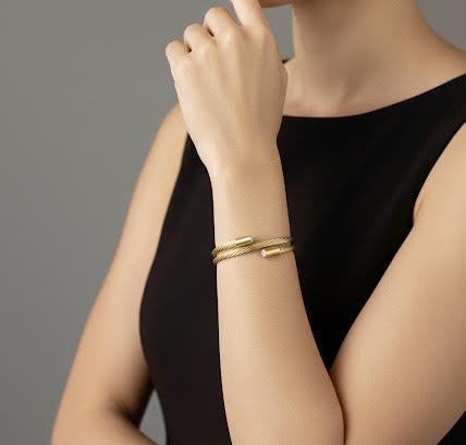 BG003G B.Tiff Double Wrapped Cable Gold Bangle Bracelet