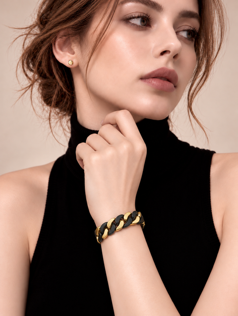 BG160BG B.Tiff High Polish 16mm Black & Gold Flat Cuban Link Bracelet