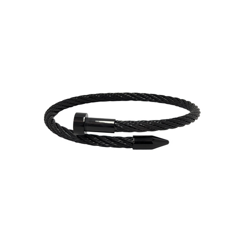 A B.Tiff BG004B black cable bangle bracelet with a high polish metallic finish and industrial pointe shape.