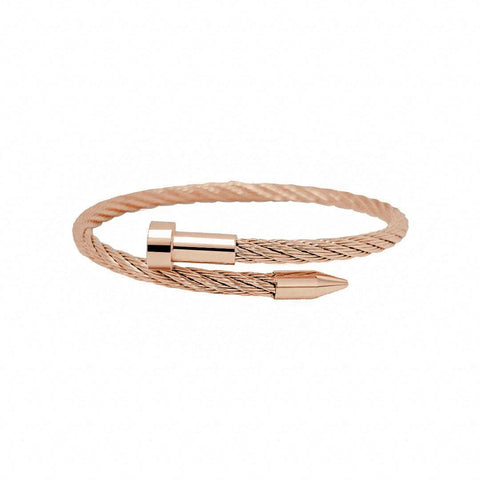 B.Tiff BG004RG adjustable rose gold cable bangle bracelet with a shiny metallic finish laid on white surface