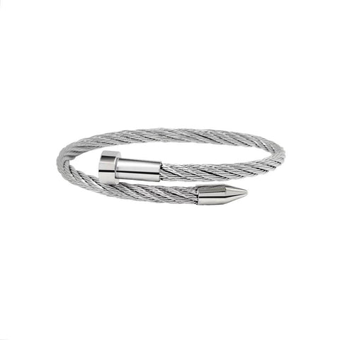 A B.Tiff BG004W silver-colored adjustable pointe cable wire bangle bracelet with a pointed end and industrial design, displayed against a white background.