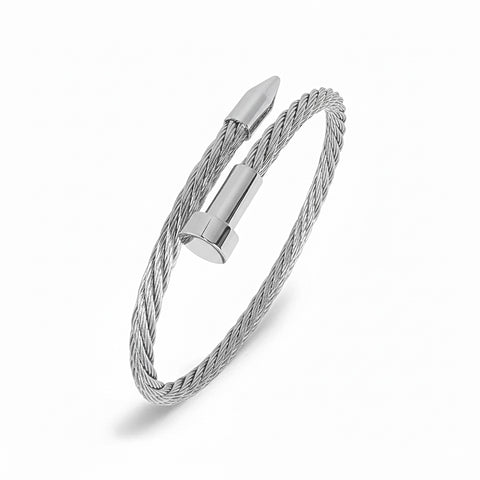 B.Tiff BG004W Silver cable bracelet standing up diagonally on a white background