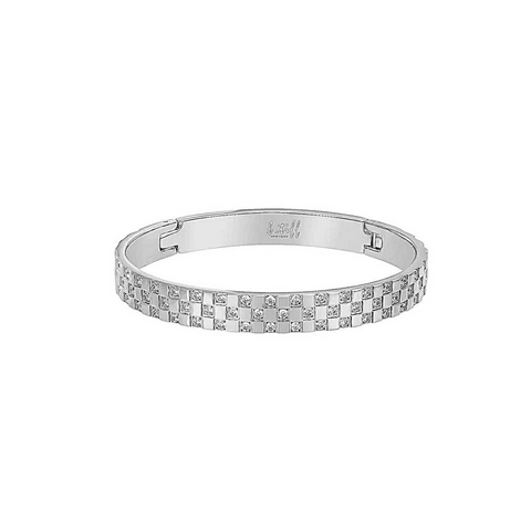 B.Tiff BG104W Trellis Silver bangle bracelet with small diamonds on a white background