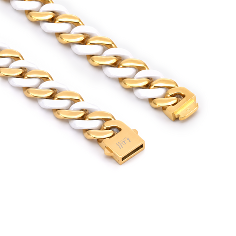 BG160GW B.Tiff High Polish 16mm Gold & White Flat Cuban Link Bracelet