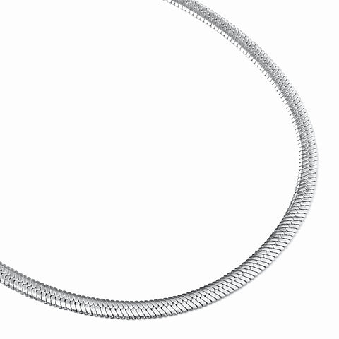 A 4mm width silver herringbone chain necklace with showing the zig zag structure and flat texture, displayed against a white background.