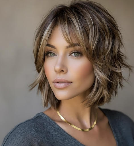 Woman wearing B.Tiff C006G 18K gold plated herringbone necklace with styled short hair and a neutral background