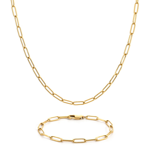 A set of B.Tiff C011G oval paperclip link chain necklace and bracelet in 18k gold plating.