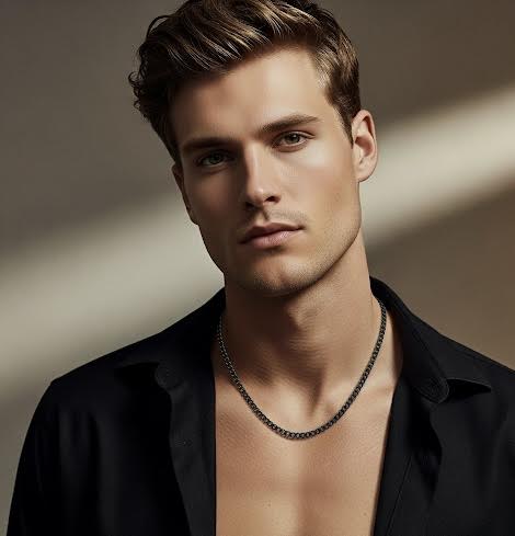 Man wearing a black shirt and B.TIff C012B black anodized titanium plated 3mm curb link chain necklace against a neutral background