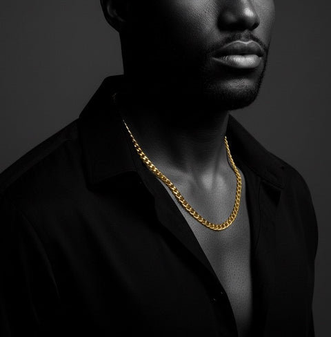Man wearing a B.Tiff C014G 18K gold 4mm curb link chain necklace against a dark background