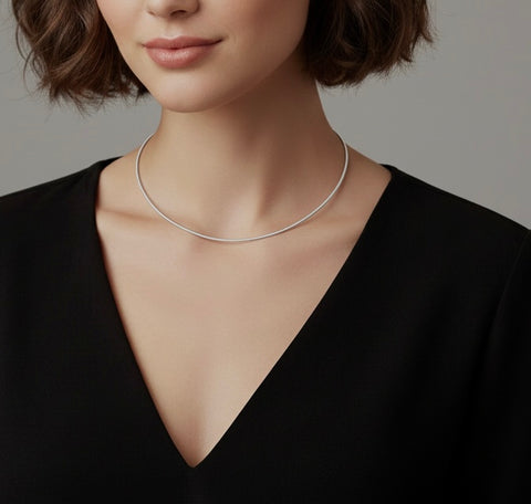 B.Tiff C015W Silver cable wire chain necklace worn by a person against a neutral background