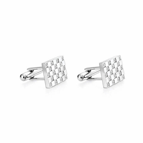 Pair of silver square cufflinks with a checkered pattern on a white background