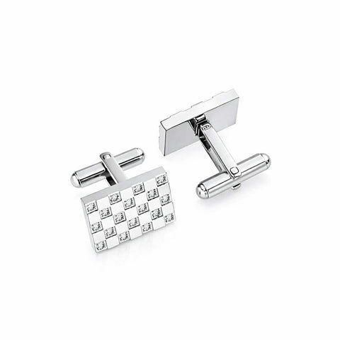 Pair of silver cufflinks with a checkered pattern on a white background