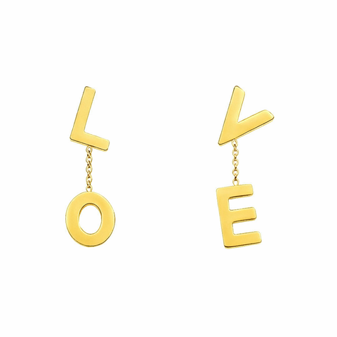 B.Tiff ERloveG Gold plated earrings with letters "L" and "O" linked in one and "V and "E" linked in another showing the word 'LOVE' on a white background