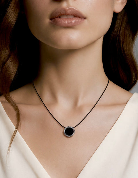 PT800WB B.Tiff Black Enamel Pavé 30-Stone Halo Pendant