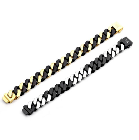 BG160BW B.Tiff High Polish 16mm 2 Tone Black & Stainless Steel Flat Cuban Link Bracelet