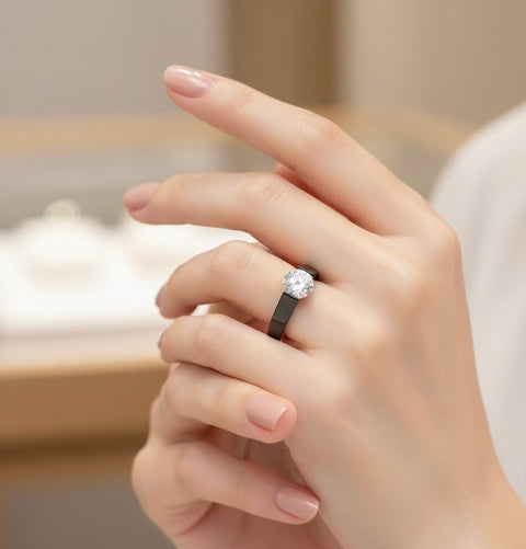 RG096B B.Tiff Tension Black .75 ct Round Solitaire Engagement Ring