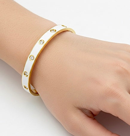BG808EWG B.Tiff 8-Stone Bold White Enameled Gold Bangle Bracelet