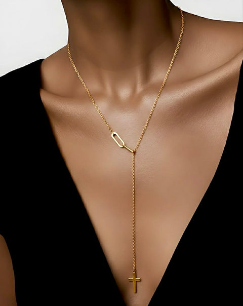 B.Tiff adjustable cross lariat necklace in silver tone with thin rolo link chain