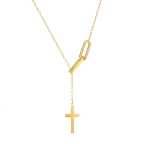 B.Tiff adjustable cross lariat necklace in silver tone with thin rolo link chain