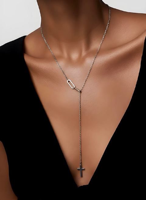 PT097W B.Tiff Adjustable Cross Lariat Chain Necklace with Paperclip Links