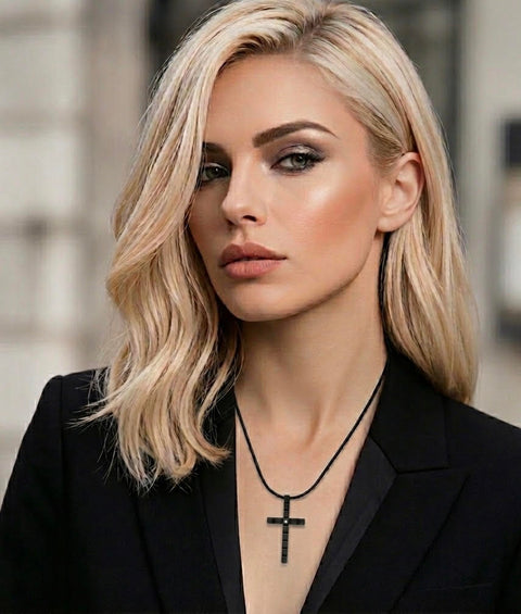 PT209B B.Tiff Black Box Cut Cross Pendant Necklace
