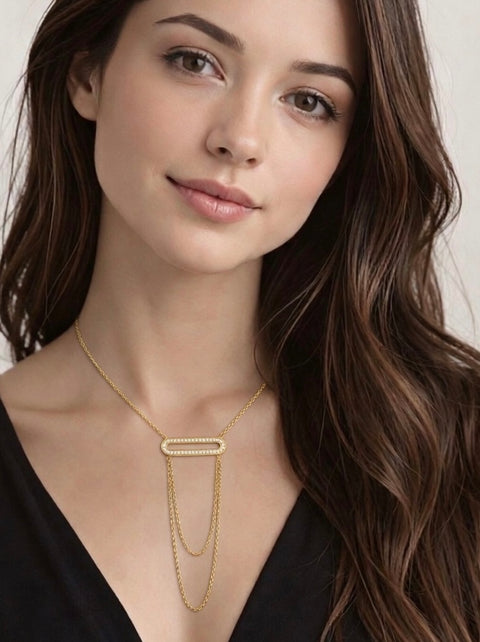 PT630G B.Tiff Gold Pavé Double Chain Oblong Pendant Necklace