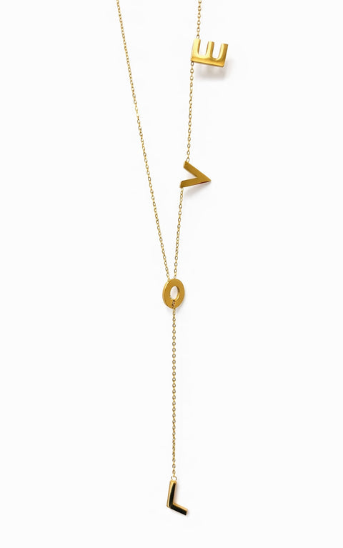 B.Tiff PTloveG 18k Gold 'LOVE' letters necklace with 'L', 'O, 'V', 'E' charms linked on a lariat necklace on a white background