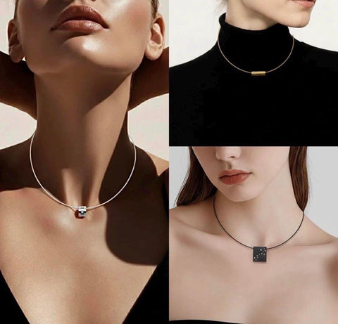 C015RG Rose Gold Structured Wire Choker Chain Necklace/ 1.2mm (An exclusive clasp design)