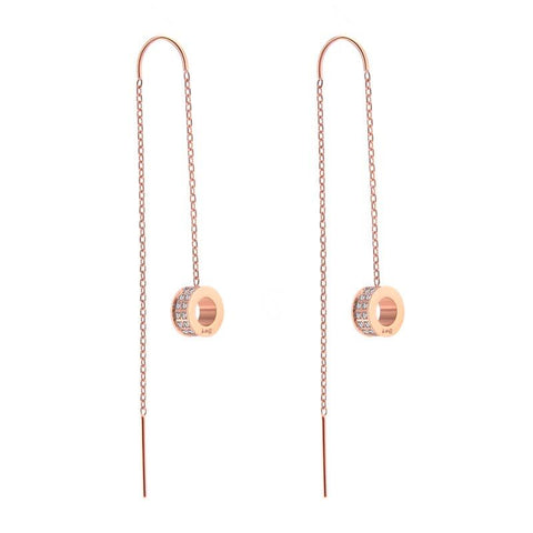 ER228RG B.Tiff Rose Gold Thread Dangling Pavé Circle Earrings