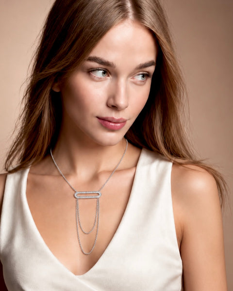 PT630W B.Tiff Pavé Double Chain Oblong Pendant Necklace