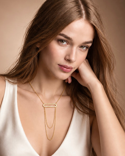PT630G B.Tiff Gold Pavé Double Chain Oblong Pendant Necklace