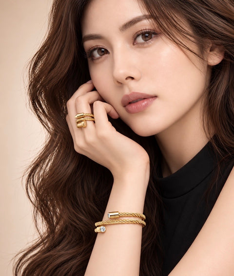 BG003G B.Tiff Double Wrapped Cable Gold Bangle Bracelet