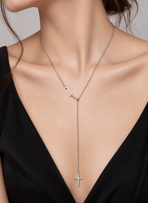PT097W B.Tiff Adjustable Cross Lariat Chain Necklace with Paperclip Links