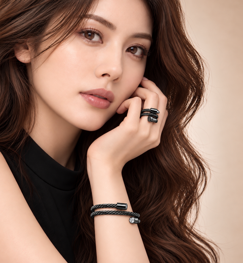 BG003B B.Tiff Double Wrapped Cable Black Bangle Bracelet