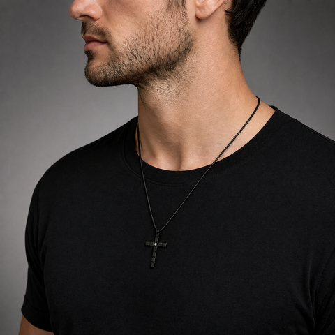 PT209B B.Tiff Black Box Cut Cross Pendant Necklace