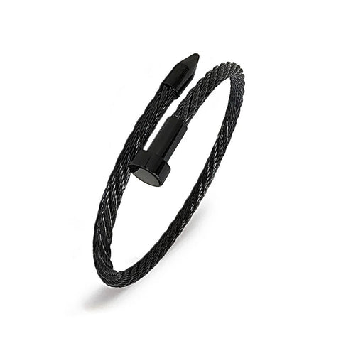 B.Tiff BG004B adjustable Black cable bracelet standing diagonally on a white background
