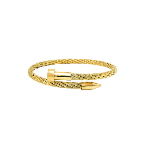 B.Tiff BG004G adjustable 18k Gold plated pointe bracelet with industrial cable wire design on a white background