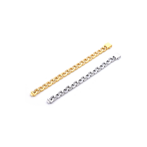 BG101W B.Tiff Pavé High Polish Gold Flat Angular Cuban Link Bracelet Stainless Steel / Small Fits 5.75”-6.5”