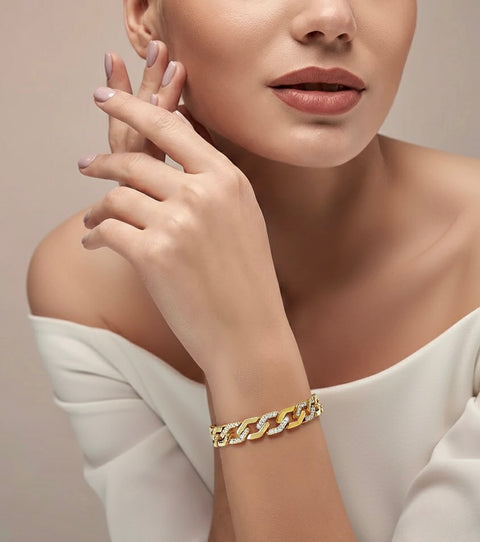 BG101G B.Tiff Pavé High Polish Gold Flat Angular Cuban Link Bracelet