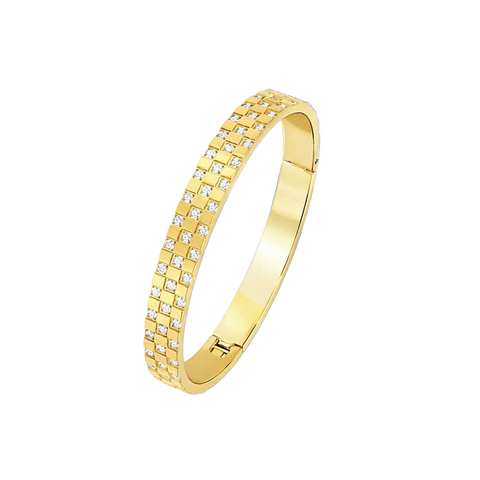 B.Tiff BG104W Trellis 18K Gold plated bangle bracelet with diamond accents on a white background