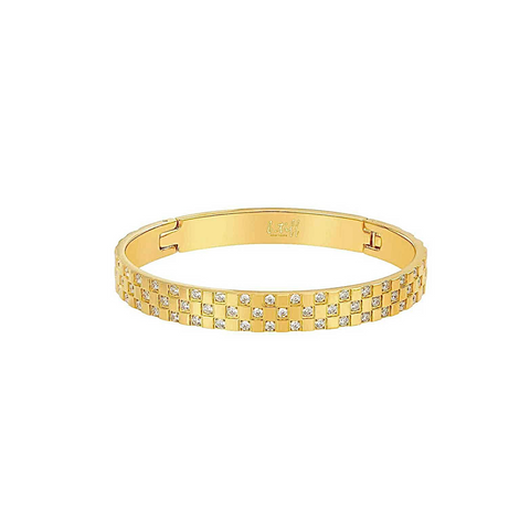 B.Tiff BG104G Trellis 18K Gold plated bangle bracelet with diamond accents on a white background