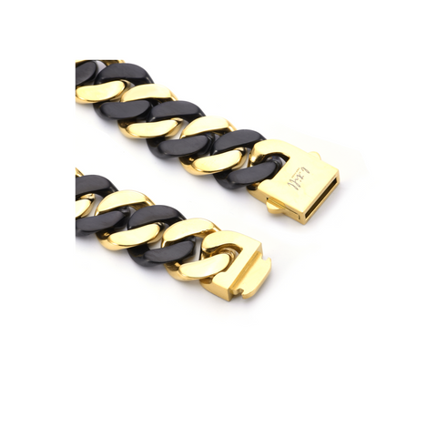 BG160BG B.Tiff High Polish 16mm Black & Gold Flat Cuban Link Bracelet Medium Fits 6.5”-7.25” / Black & Gold