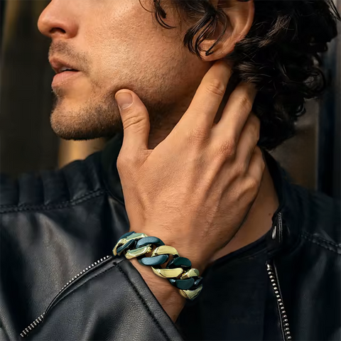 BG160BG B.Tiff High Polish 16mm Black & Gold Flat Cuban Link Bracelet