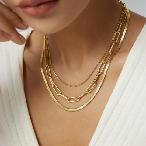 C004G B.Tiff 4mm Herringbone 18K Gold Plated Chain Necklace
