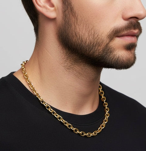 Man wearing the B.TIff C007G 18K gold plated cable link chain necklace against a neutral background