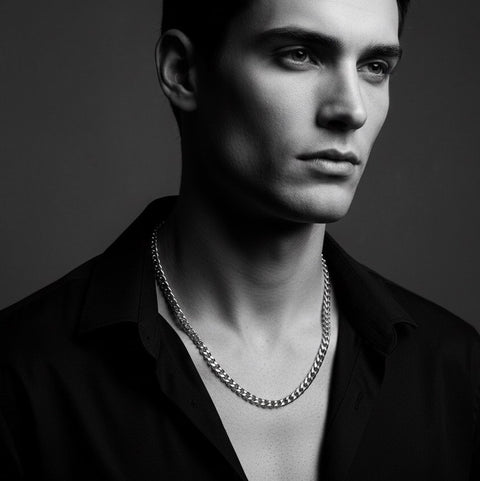 Black and white portrait of a person wearing a B.Tiff C014W silver 4mm curb link chain necklace made from surgical stainless steel.