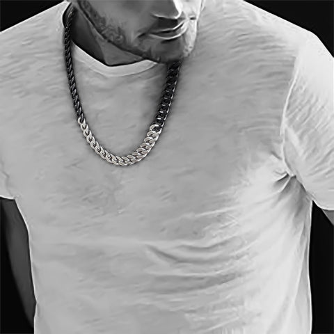 Men with white shirt wearing B.Tiff C160BW 16mm 2 tone black and silver Cuban link chain necklace