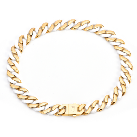 C160GW B.Tiff 16mm 2-Tone Gold Plated White Ceramic Flat Cuban Link Necklace