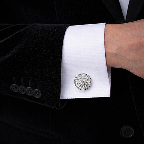 B.Tiff CF101W Cufflink on a white cuff against a black suit background