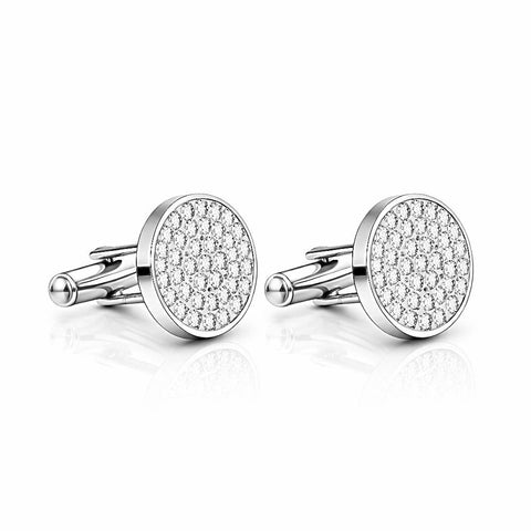 Pair of B.Tiff CF101W silver cufflinks with diamond alternative stones paved fully the round face laid on a white background